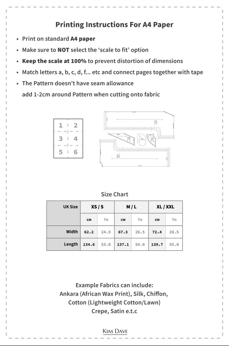 A4 Version - KIM DAVE BUBU/KAFTAN PDF SEWING PATTERNS SIZES XS-XXL