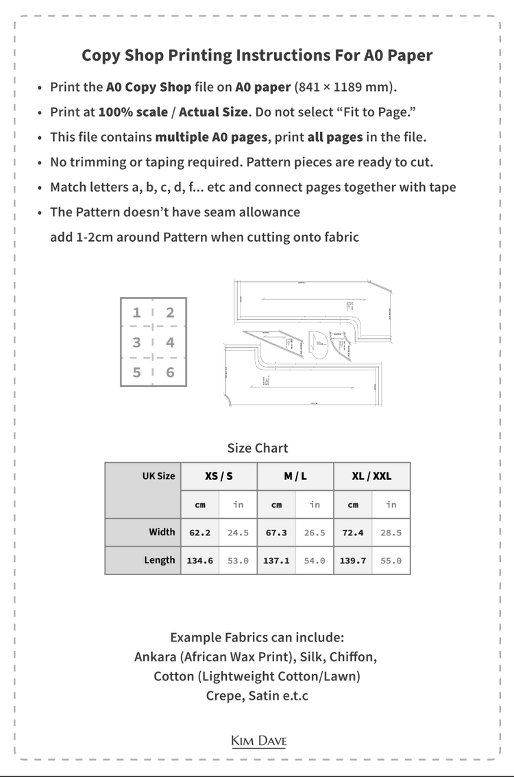A0 Version - KIM DAVE BUBU/KAFTAN PDF SEWING PATTERNS SIZES XS-XXL