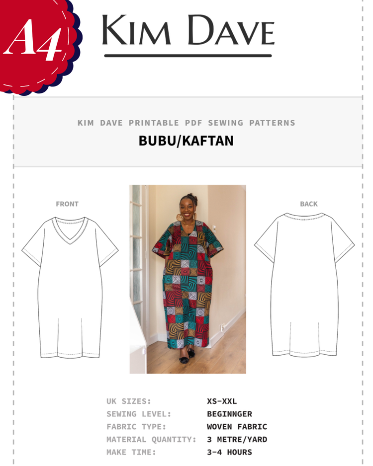 A4 Version - KIM DAVE BUBU/KAFTAN PDF SEWING PATTERNS SIZES XS-XXL