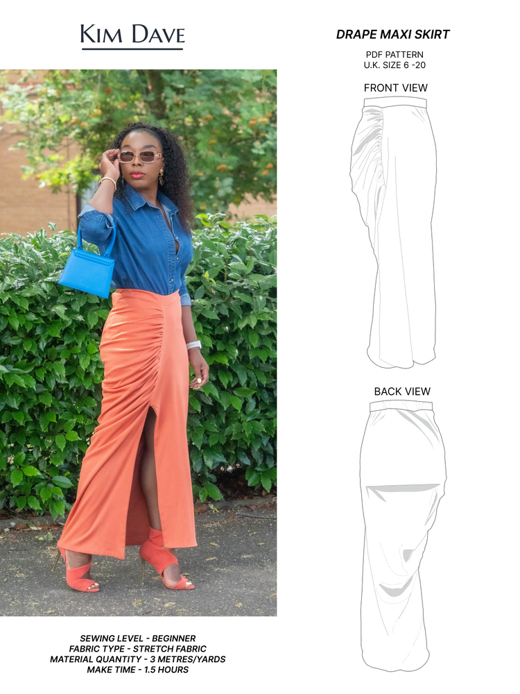 Drape Maxi Skirt Printable Sewing Patterns U.K. Size 6 - 20