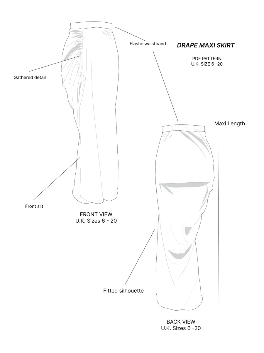 Drape Maxi Skirt Printable Sewing Patterns U.K. Size 6 - 20