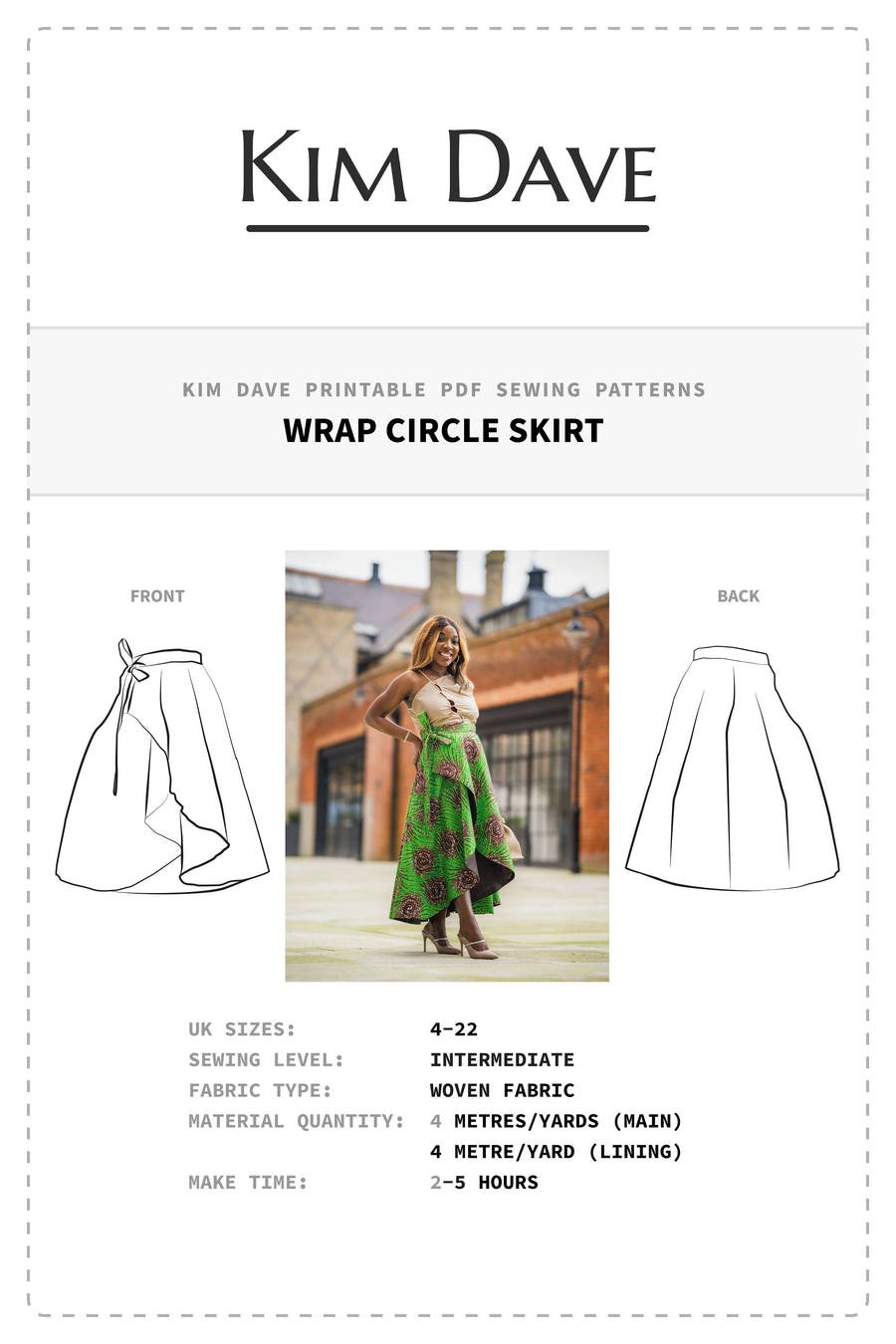 KIM DAVE WRAP CIRCLE SKIRT PDF SEWING PATTERNS U.K. 4 - 22