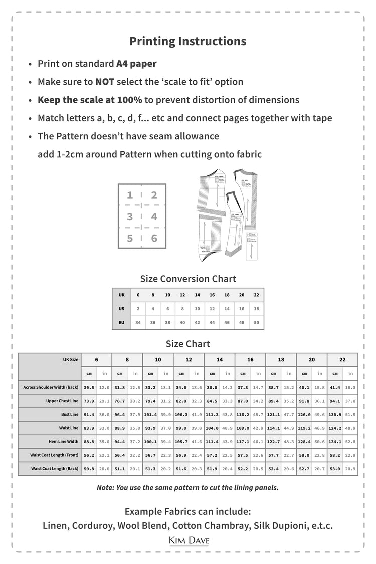 Kim Dave Waistcoat PDF Sewing Pattern U.K. 6 - 22