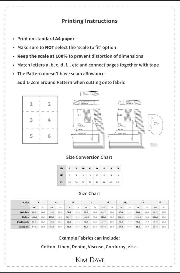 PDF Shorts Printable Sewing Patterns U.K. Size 6 - 20