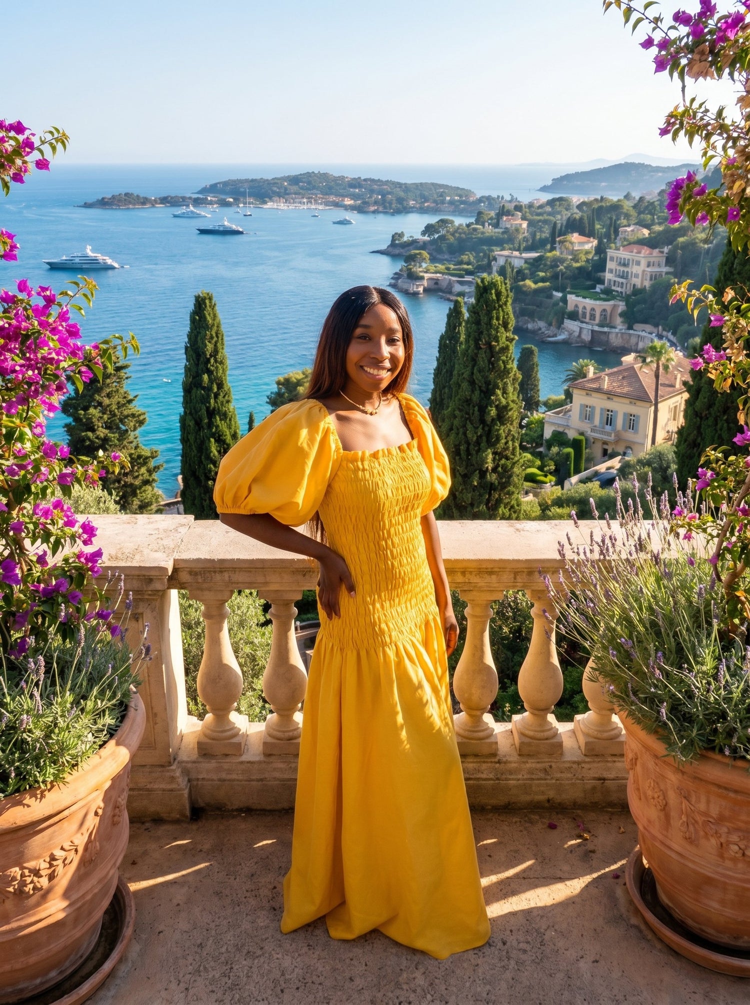 Woman in a yellow dress standing on a balcony with a scenic ocean view.
