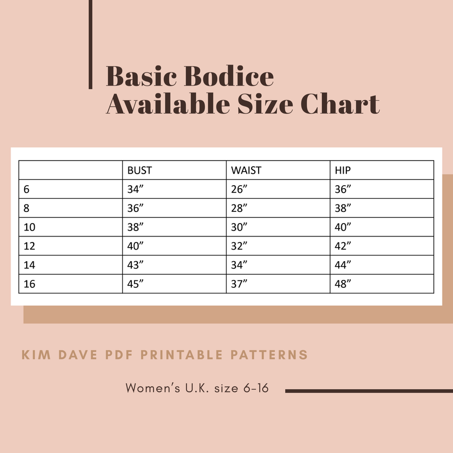 PDF Basic Bodice Printable Sewing Patterns U.K. Size 6 - 16