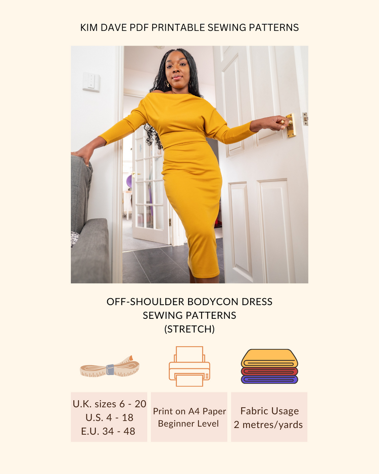 Off-Shoulder Bodycon Dress Printable Sewing Patterns U.K. Size 6 - 20