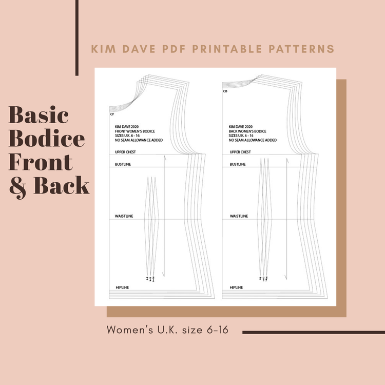 PDF Basic Bodice Printable Sewing Patterns U.K. Size 6 - 16