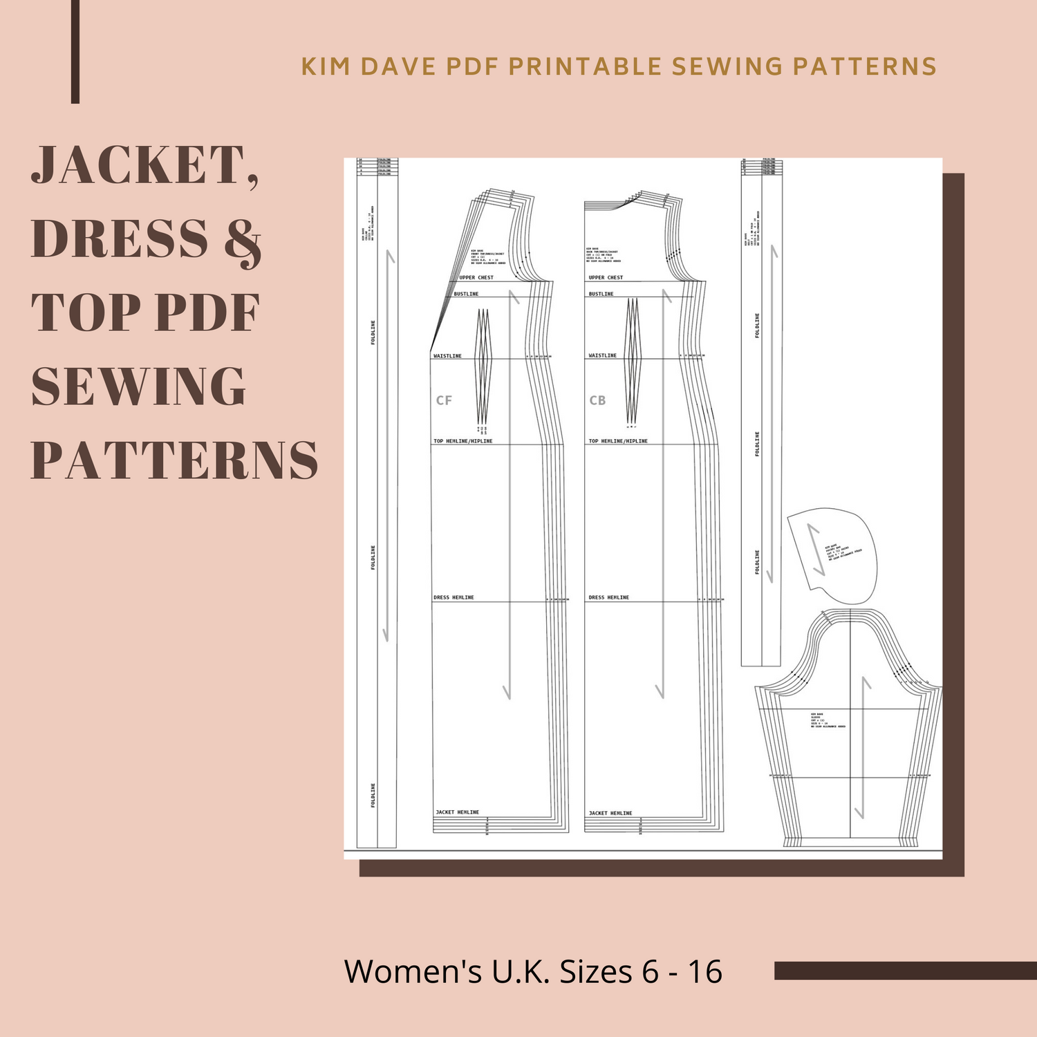 PDF Jacket, Dress & Top Printable Sewing Patterns U.K. Size 6 - 16 – Kim  Dave