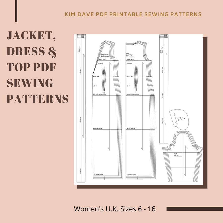 PDF Jacket, Dress & Top Printable Sewing Patterns U.K. Size 6 - 16