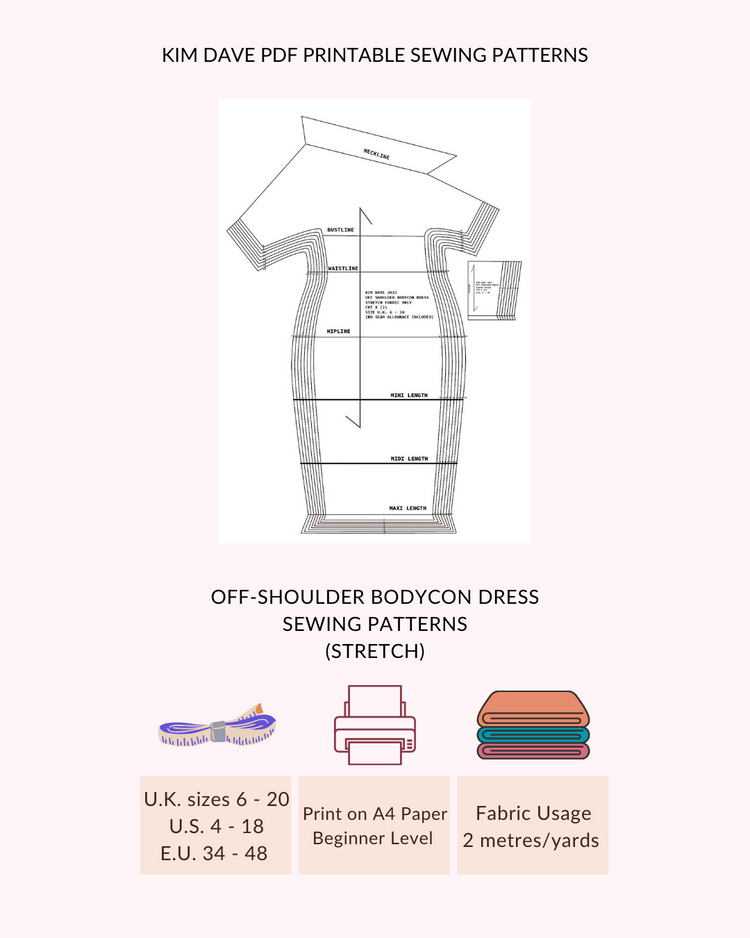 Off-Shoulder Bodycon Dress Printable Sewing Patterns U.K. Size 6 - 20