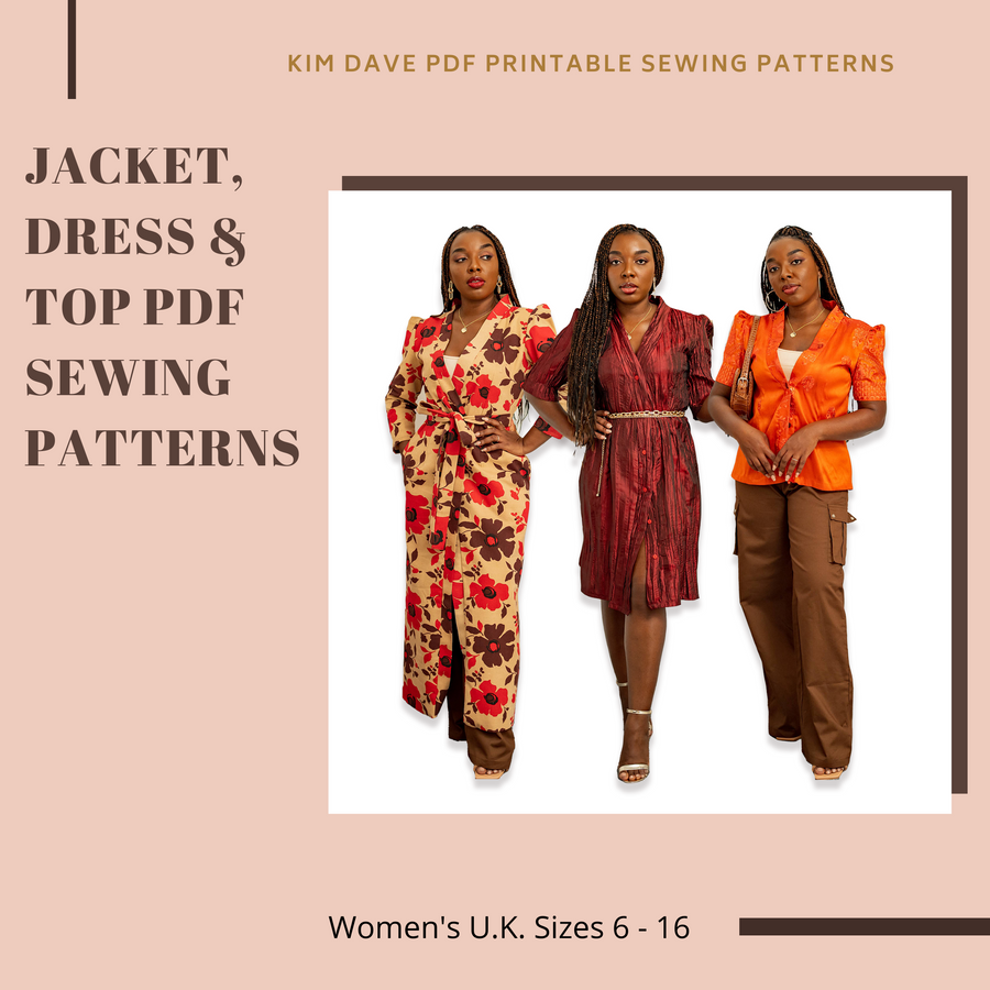 PDF Jacket, Dress & Top Printable Sewing Patterns U.K. Size 6 - 16
