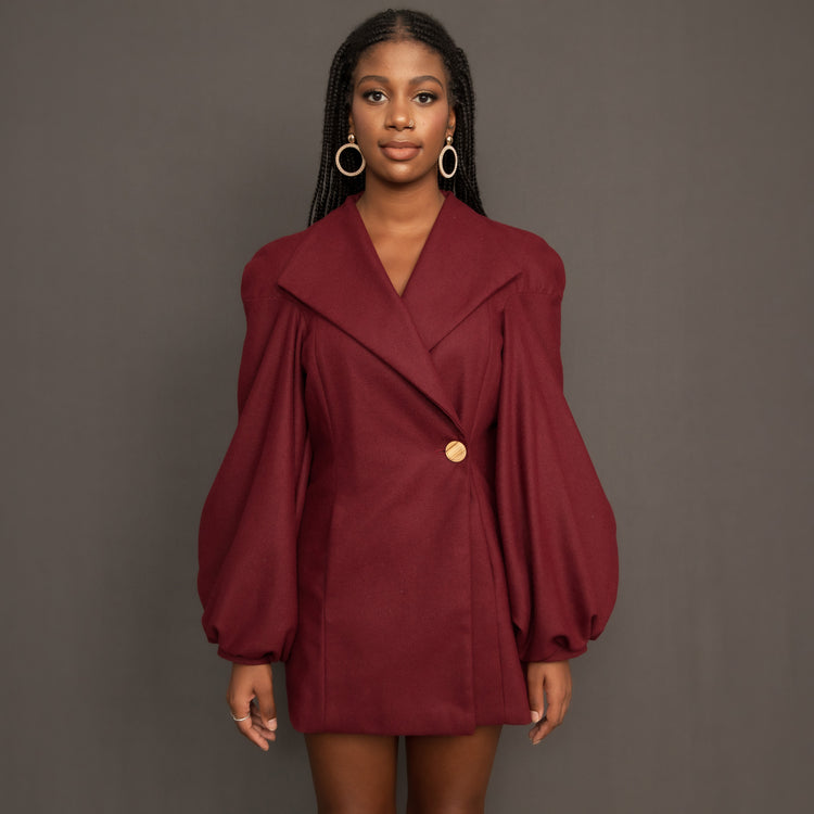 Burgundy wool blazer dress with balloon sleeves and wide lapels by Kim Dave
