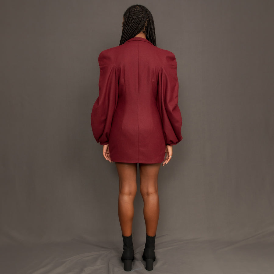 Burgundy wool blazer dress with balloon sleeves and wide lapels by Kim Dave
