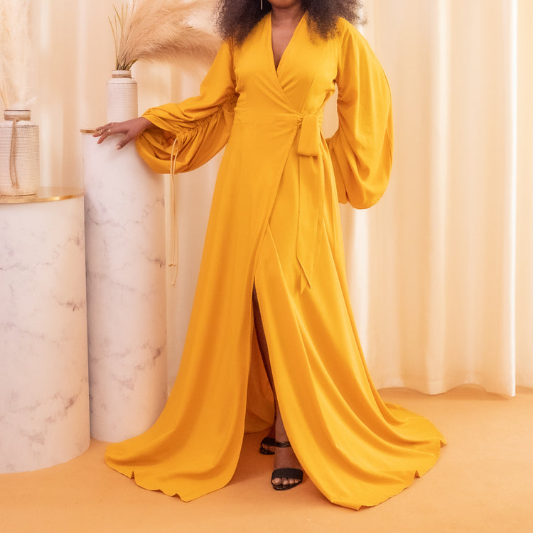 yellow maxi gown by kim dave