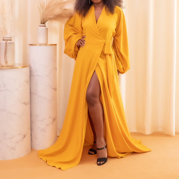 yellow maxi gown by kim dave